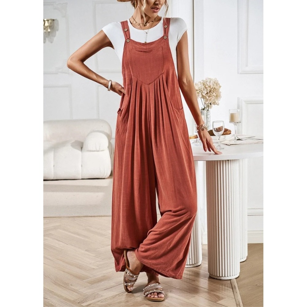 Anrabess S Linen Wide Leg Jumpsuit Rust Orange Boho Summer Overalls Vacationwear